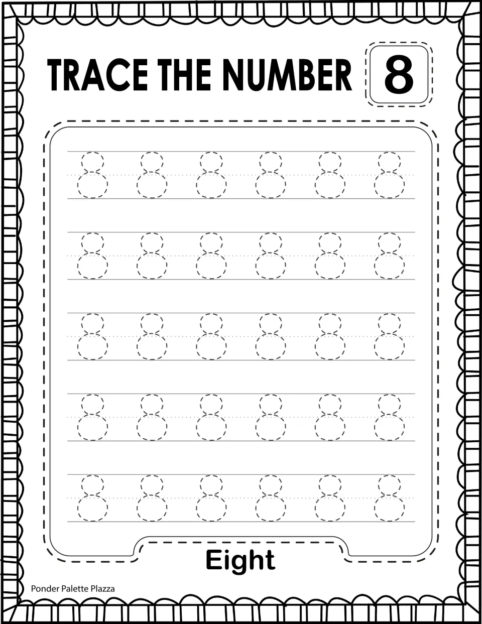 Trace the Number 8: students trace 30 dashed 8s, practising the two stacked loops of the numeral; labeled Eight