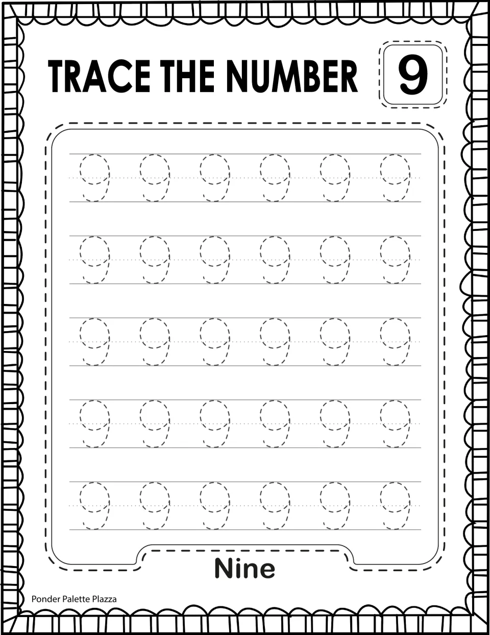 Trace the Number 9: students trace 30 dashed 9s, practising a loop with a straight tail down; number word Nine