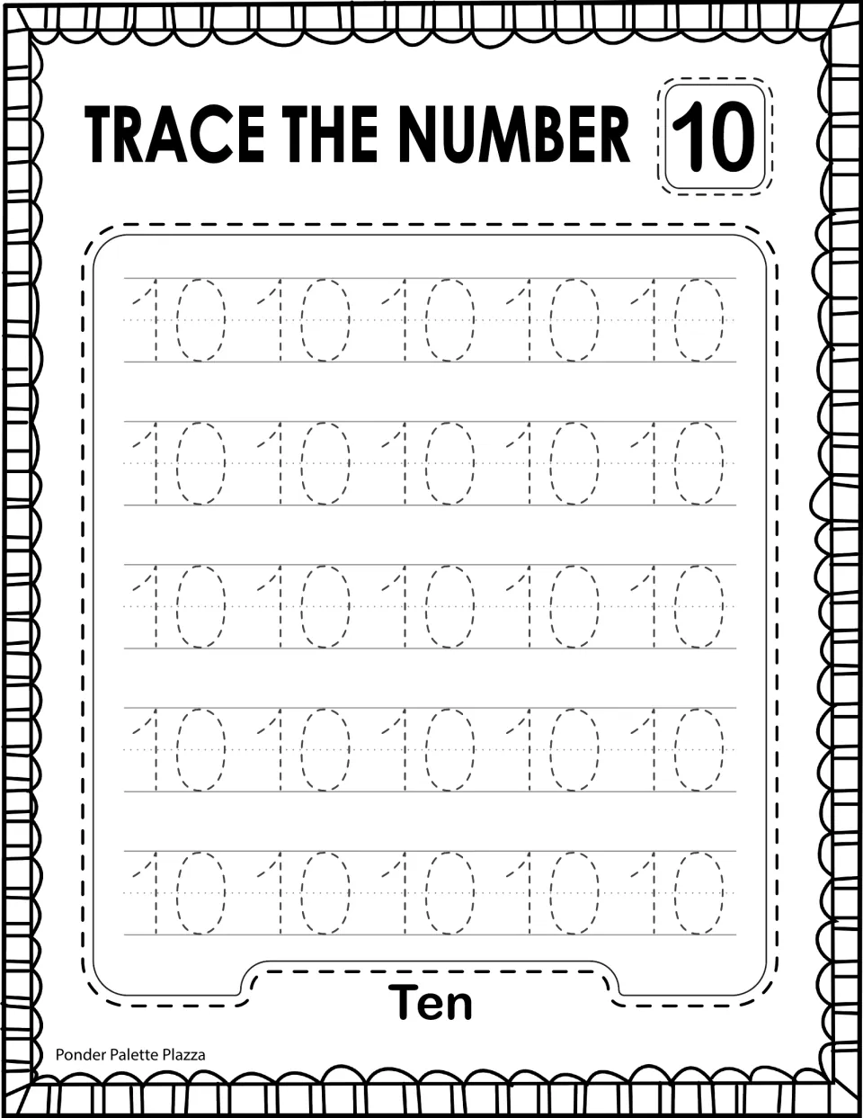Trace the Number 10: students trace 25 dashed 10s to practise writing a two-digit numeral, with the word Ten