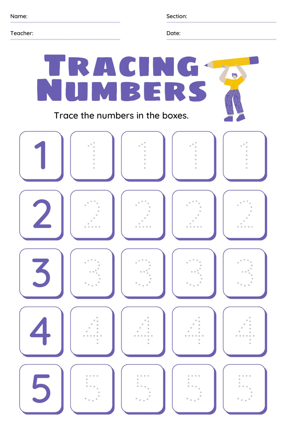 Number formation 1 to 5: students trace each numeral four times over dotted guides beside a solid model digit