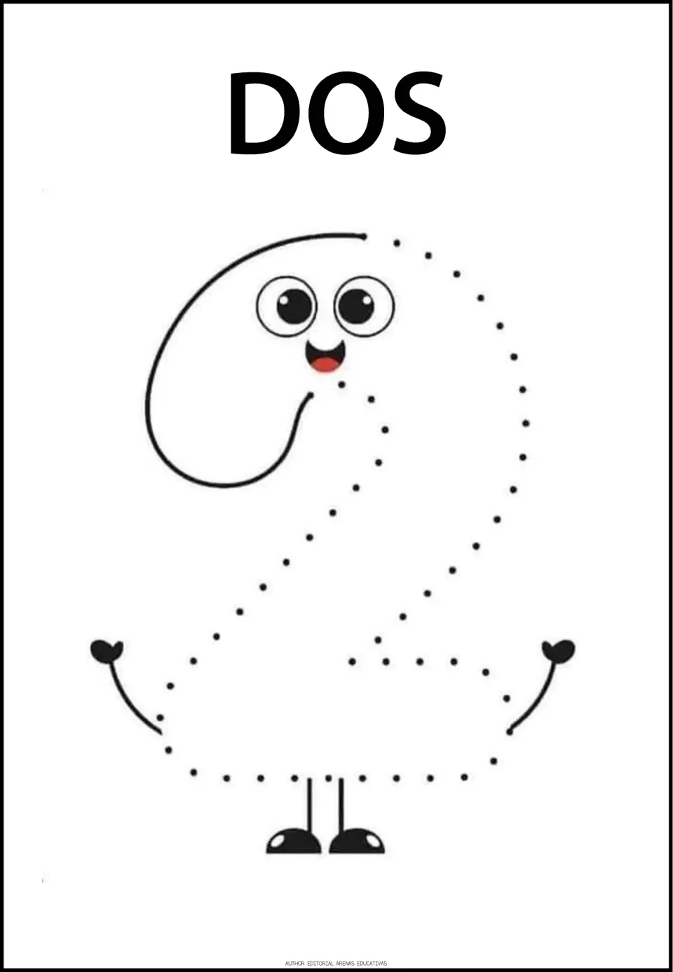 Number-tracing practice page for 2, labeled 'DOS' (two), featuring a large numeral with dots to trace