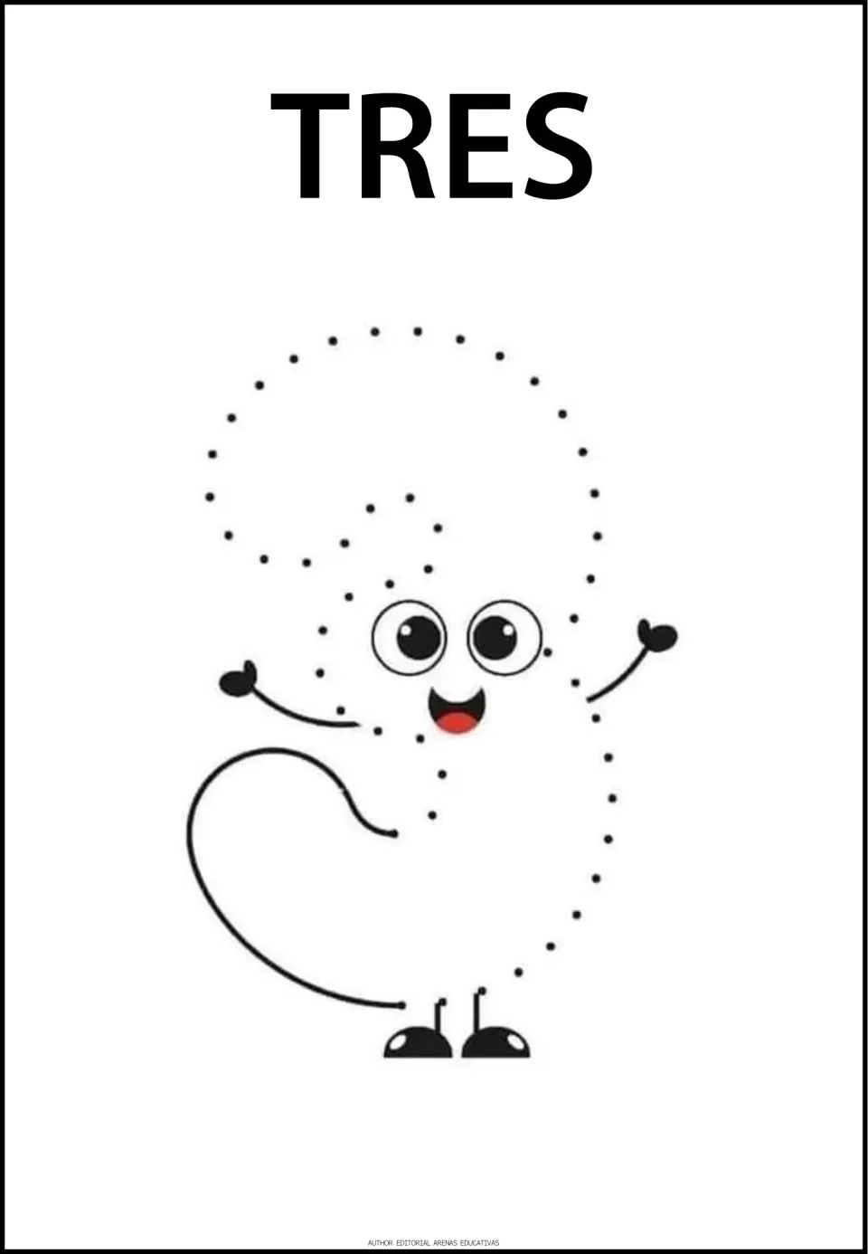 Number-tracing practice page for 3, labeled 'TRES' (three), featuring a large numeral with dots to trace