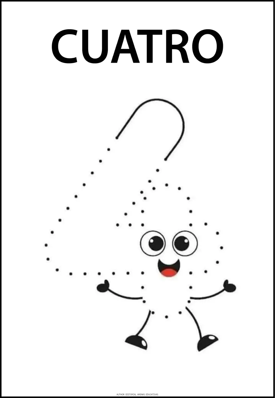 Number-tracing practice page for 4, labeled 'CUATRO' (four), featuring a large numeral with dots to trace