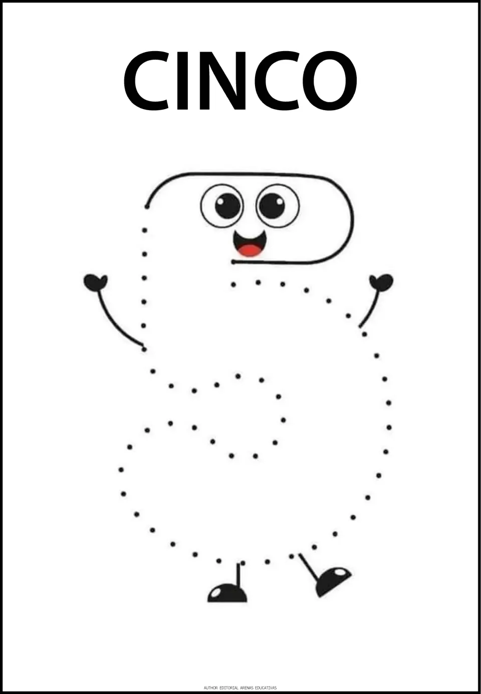 Number-tracing practice page for 5, labeled 'CINCO' (five), featuring a large numeral with dots to trace