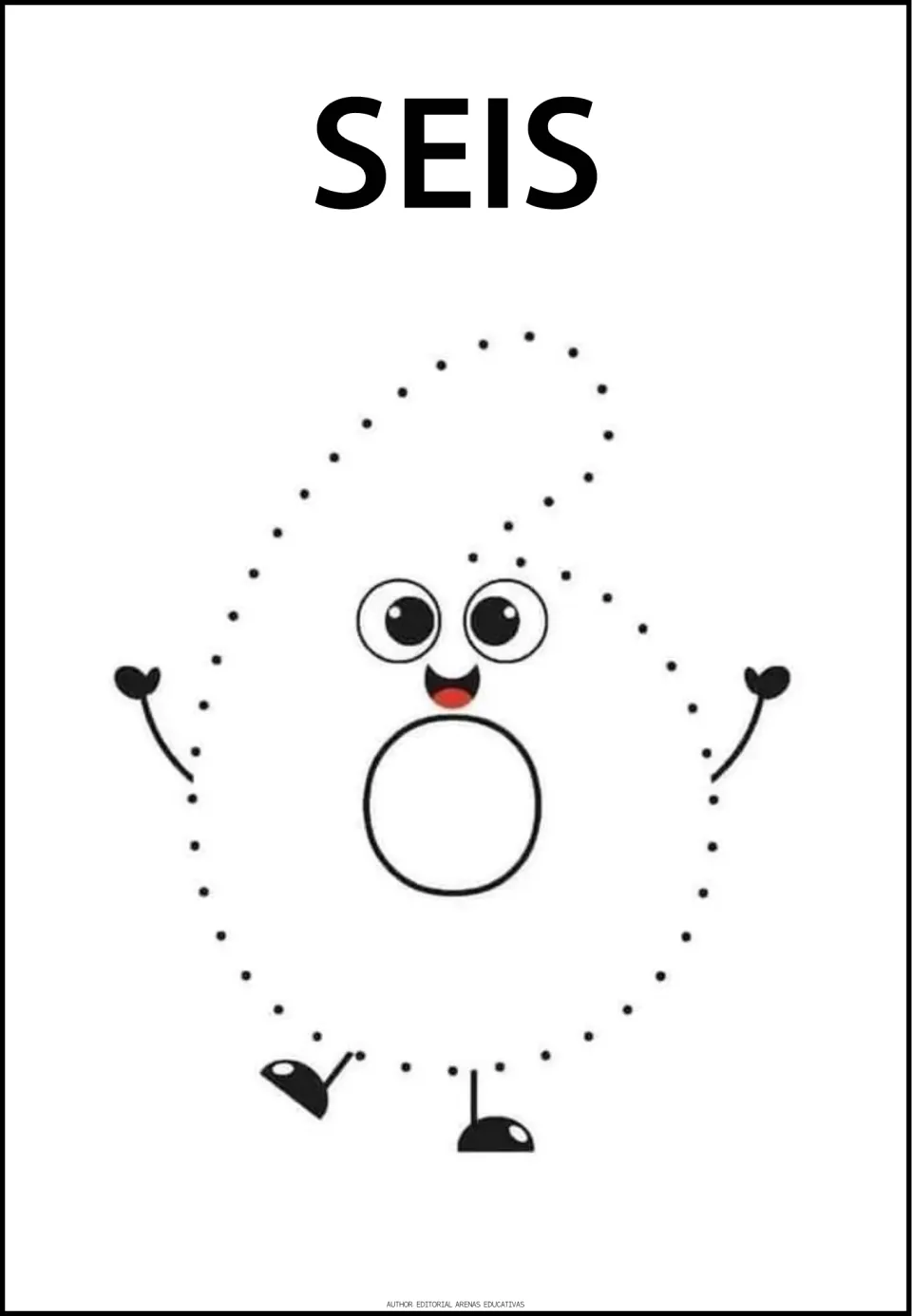 Number-tracing practice page for 6, labeled 'SEIS' (six), featuring a large numeral with dots to trace