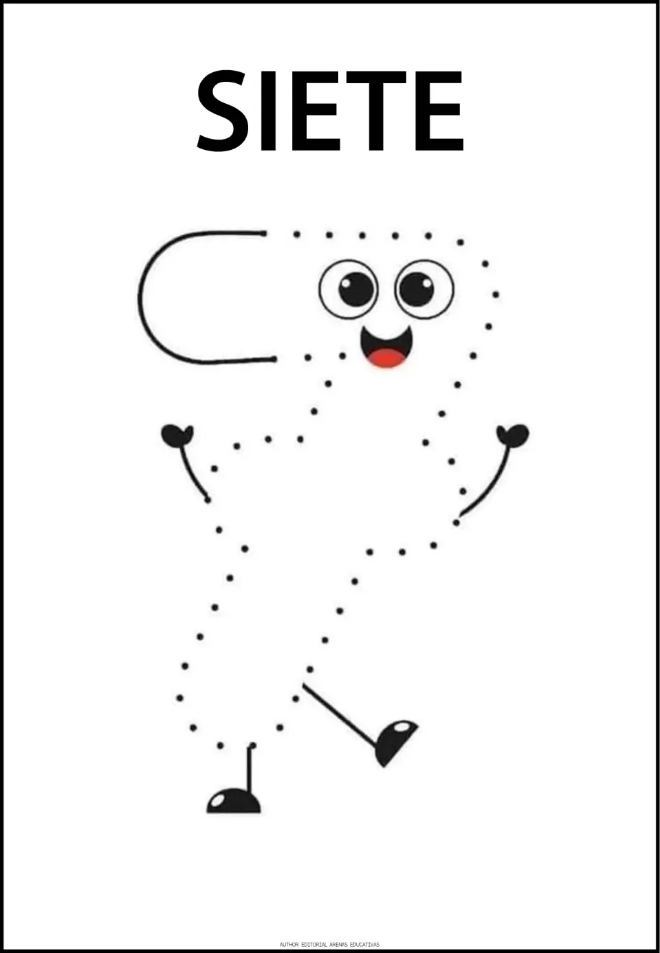 Number-tracing practice page for 7, labeled 'SIETE' (seven), featuring a large numeral with dots to trace