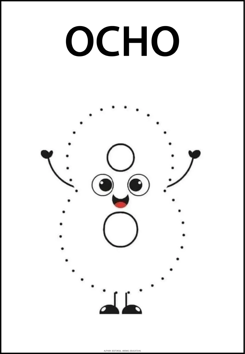 Number-tracing practice page for 8, labeled 'OCHO' (eight), featuring a large numeral with dots to trace