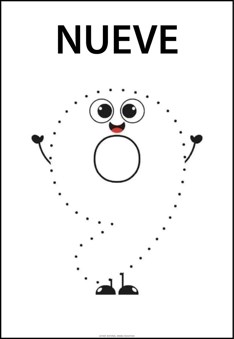 Number-tracing practice page for 9, labeled 'NUEVE' (nine), featuring a large numeral with dots to trace