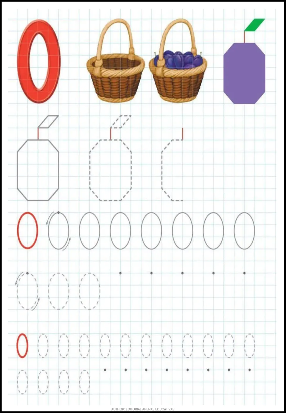Number 0: an empty basket shows zero plums; students trace a plum shape, then write 0 from stroke arrows and dots