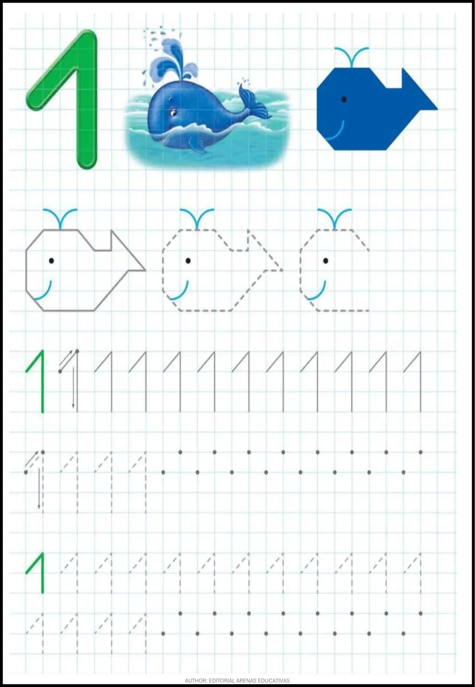 Number 1 with a whale: students trace a geometric whale, then practise writing 1 following stroke arrows and dots