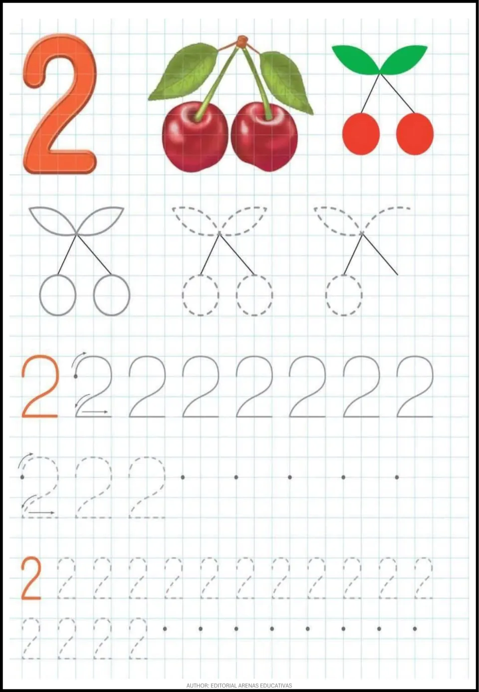 Number 2 with a pair of cherries: students trace cherry shapes, then form 2 using direction arrows and dots