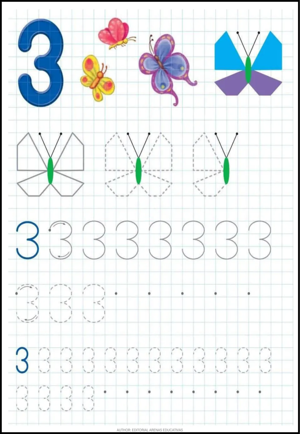 Number 3 with three butterflies: students trace a butterfly shape, then follow curved arrows to write 3 from dots