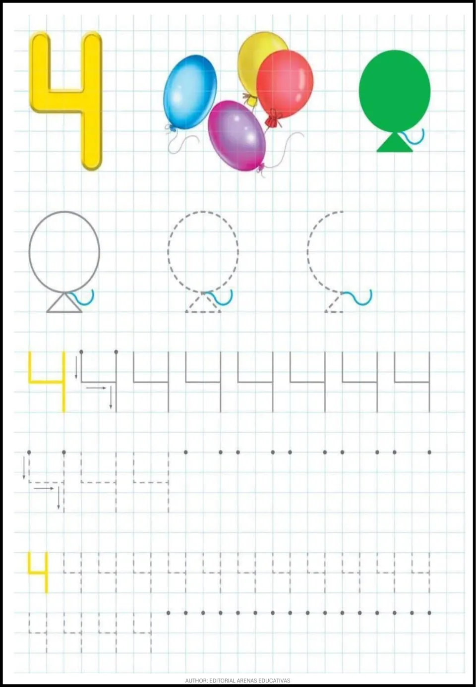Number 4 with four balloons: students trace a balloon shape, then write 4 with down-across-down arrows and start dots