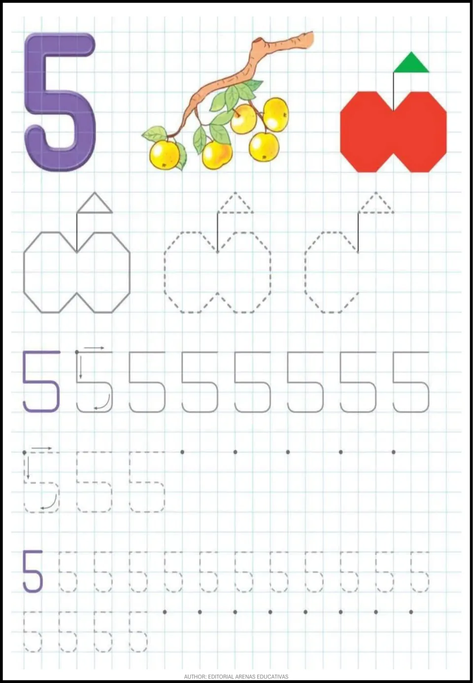 Number 5 with five yellow apples on a branch: students trace an apple shape, then write 5 from arrows and start dots