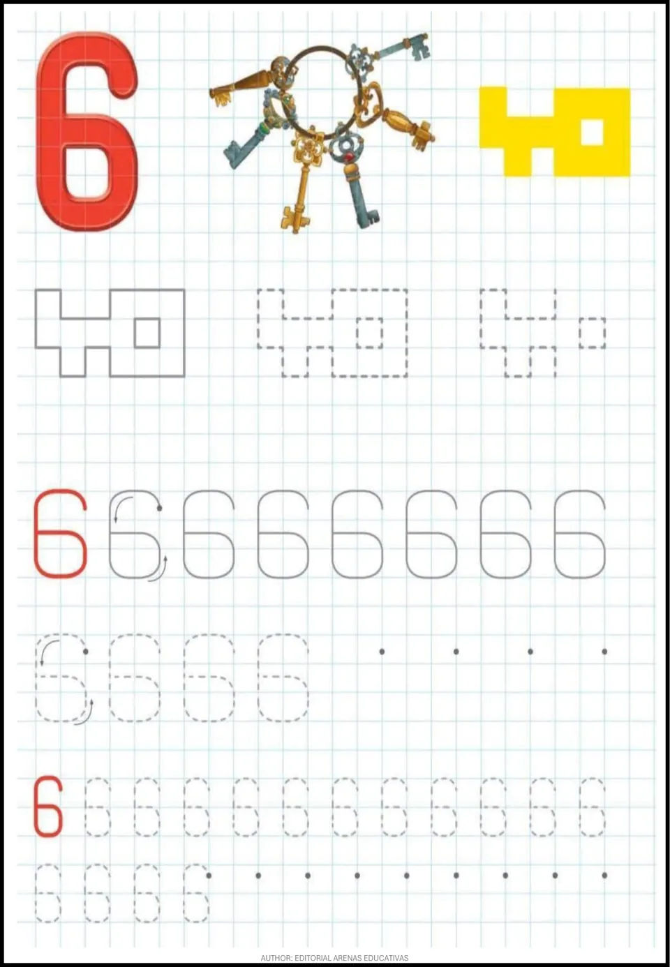 Number 6 with a ring of six keys: students trace a blocky key shape, then form 6 from a curved arrow and start dots