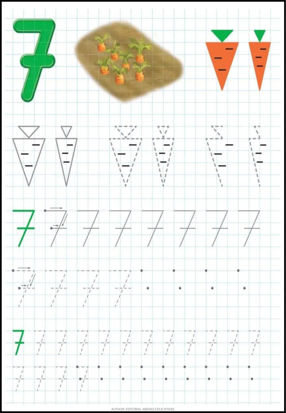 Number 7 with seven carrots in soil: students trace carrot shapes, then write 7 including its crossbar from dots