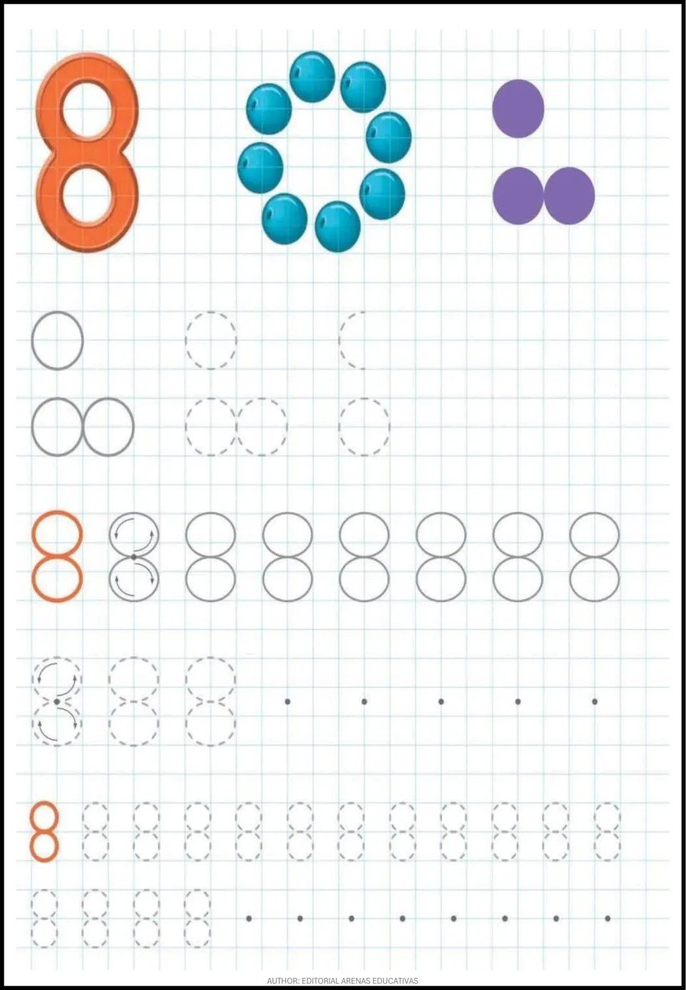 Number 8 with eight blue beads in a ring: students trace circles, then form 8 from looping arrows and start dots