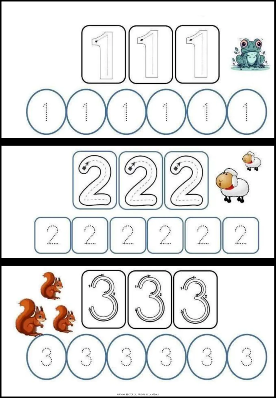 Numerals 1, 2 and 3: students trace large arrowed digits, then dotted rows; pictures show 1 frog, 2 sheep and 3 squirrels