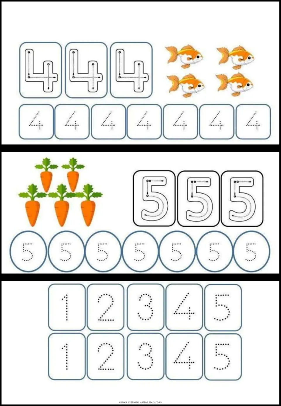 Numerals 4 and 5: students trace digits with stroke arrows, shown with 4 fish and 5 carrots, then trace dotted 1 to 5
