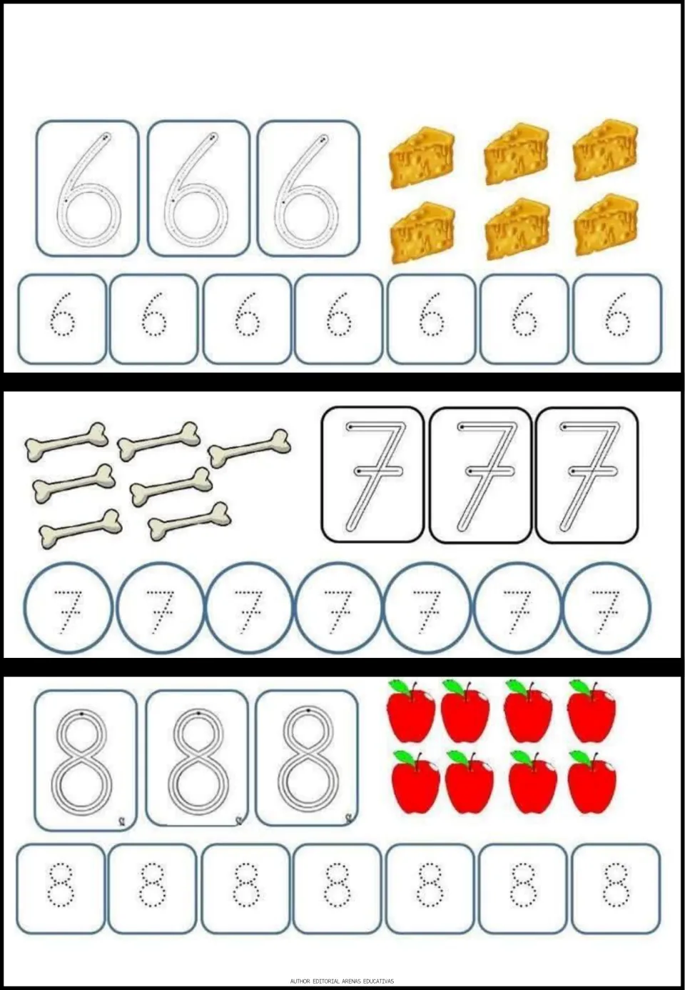 Numerals 6, 7 and 8: students trace each digit along dotted paths beside 6 cheese wedges, 7 bones and 8 red apples