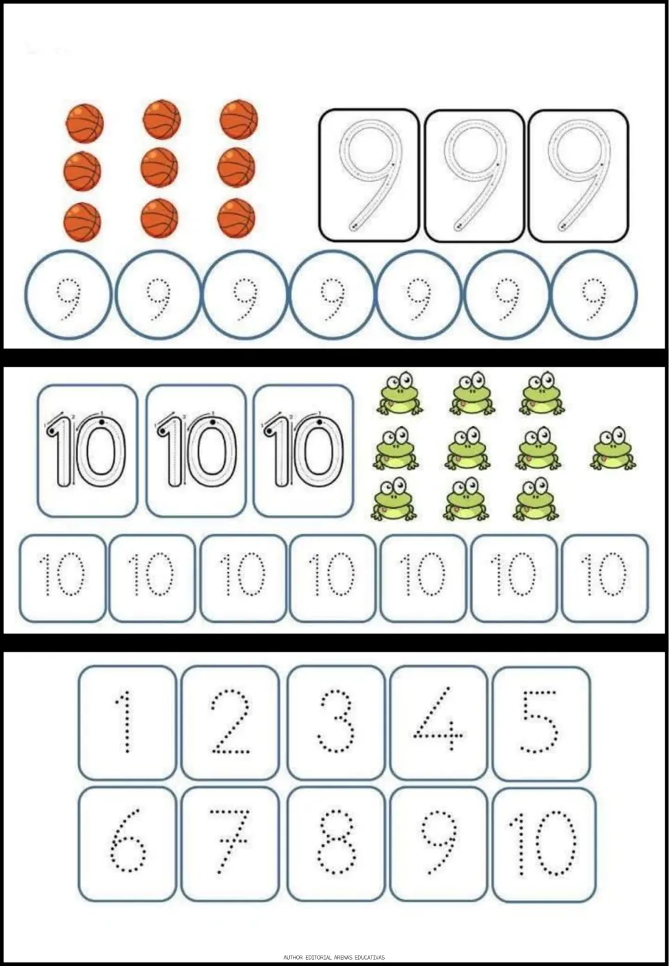 Numerals 9 and 10: students trace digits beside 9 basketballs and 10 frogs, then trace a dotted 1 to 10 review set