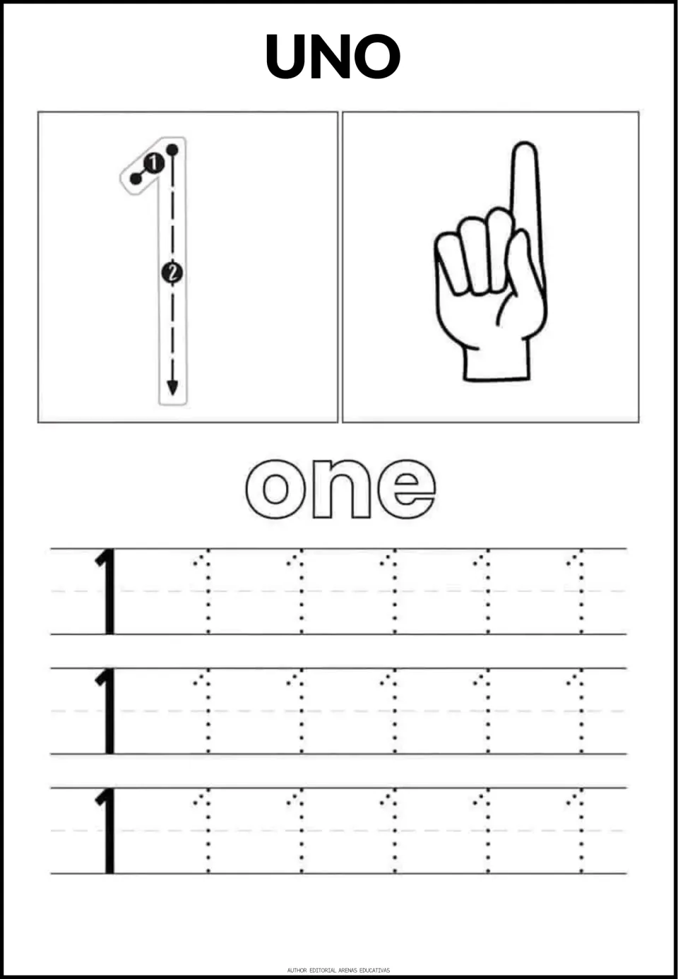 Number 1 tracing sheet: UNO (one), the word 'one,' a stroke guide, one raised finger, and dotted numerals