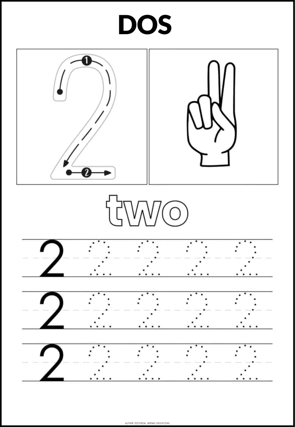 Number 2 tracing sheet: DOS (two), the word 'two,' a stroke guide, two raised fingers, and dotted numerals