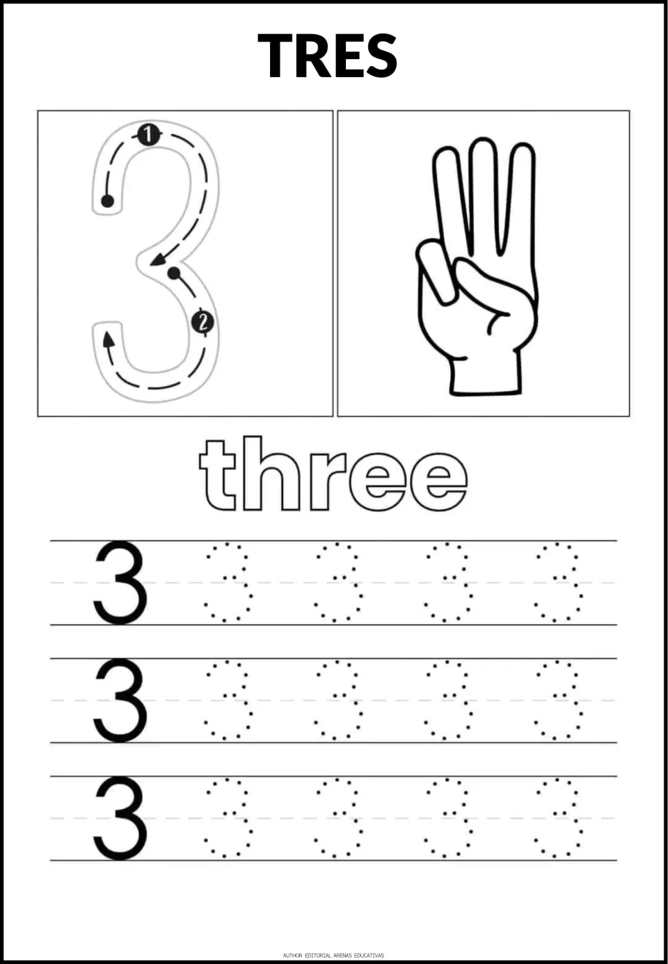 Number 3 tracing sheet: TRES (three), the word 'three,' a stroke guide, finger illustration, and dotted numerals