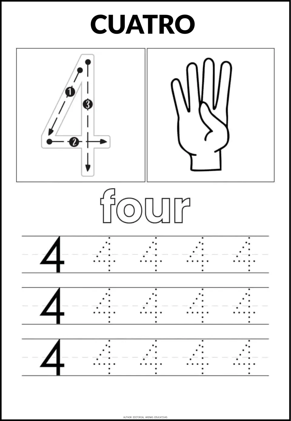 Number 4 tracing sheet: CUATRO (four), the word 'four,' a stroke guide, finger illustration, and dotted numerals