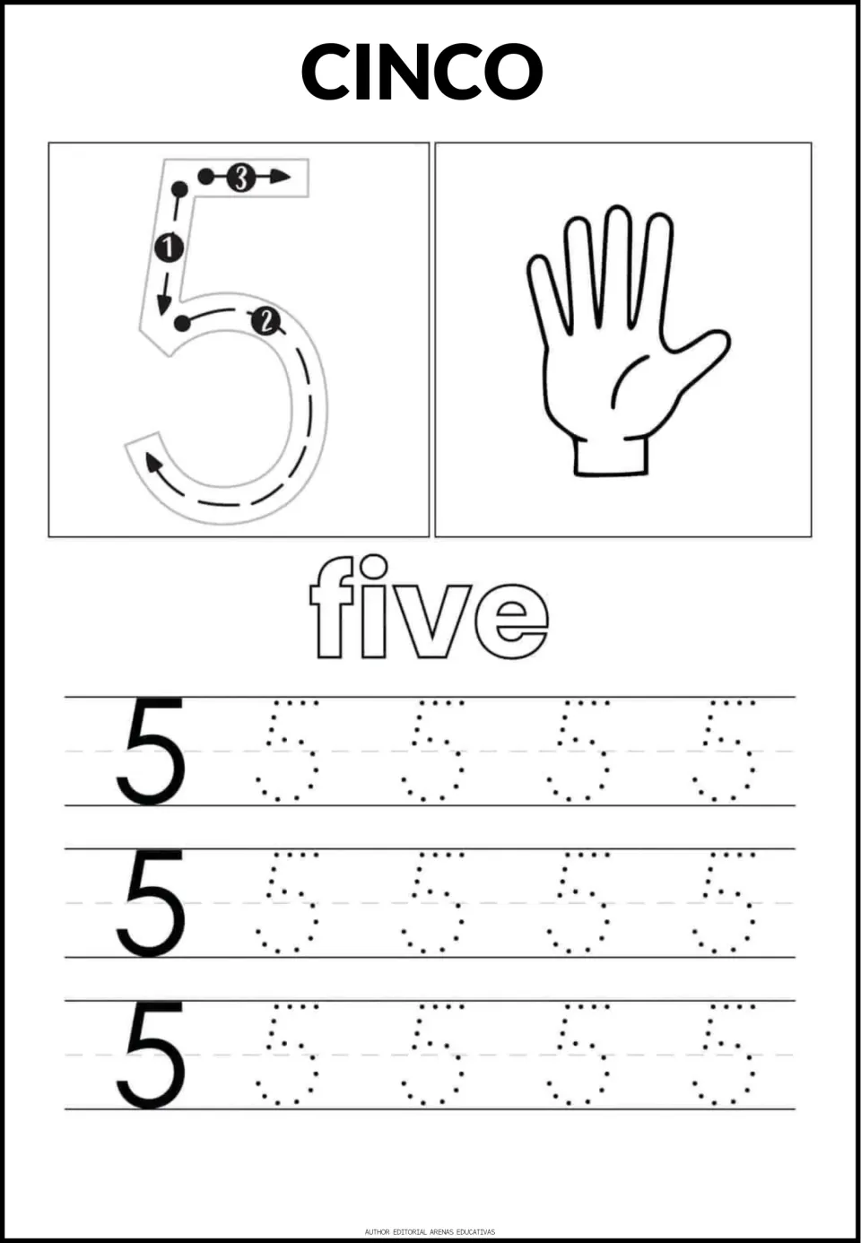 Number 5 tracing sheet: CINCO (five), the word 'five,' a stroke guide, finger illustration, and dotted numerals