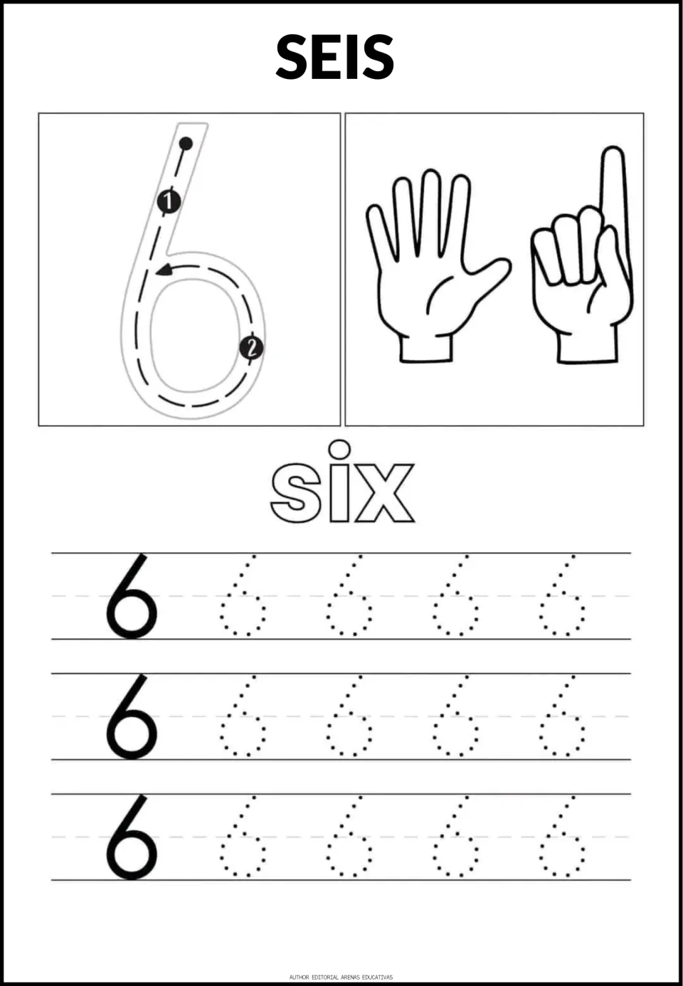 Number 6 tracing sheet: SEIS (six), the word 'six,' a stroke guide, finger illustrations, and dotted numerals
