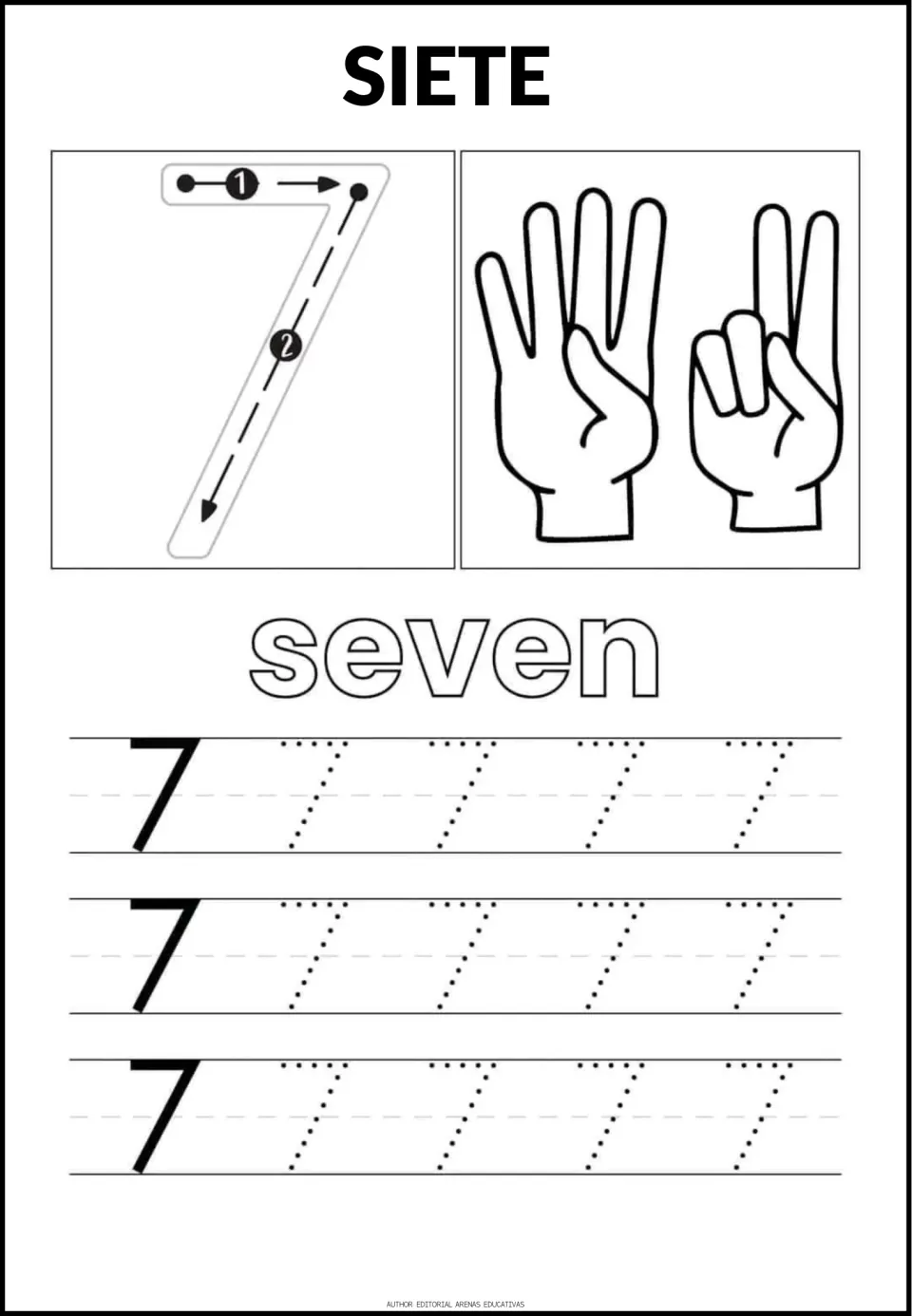 Number 7 tracing sheet: SIETE (seven), the word 'seven,' a stroke guide, finger illustrations, and dotted numerals