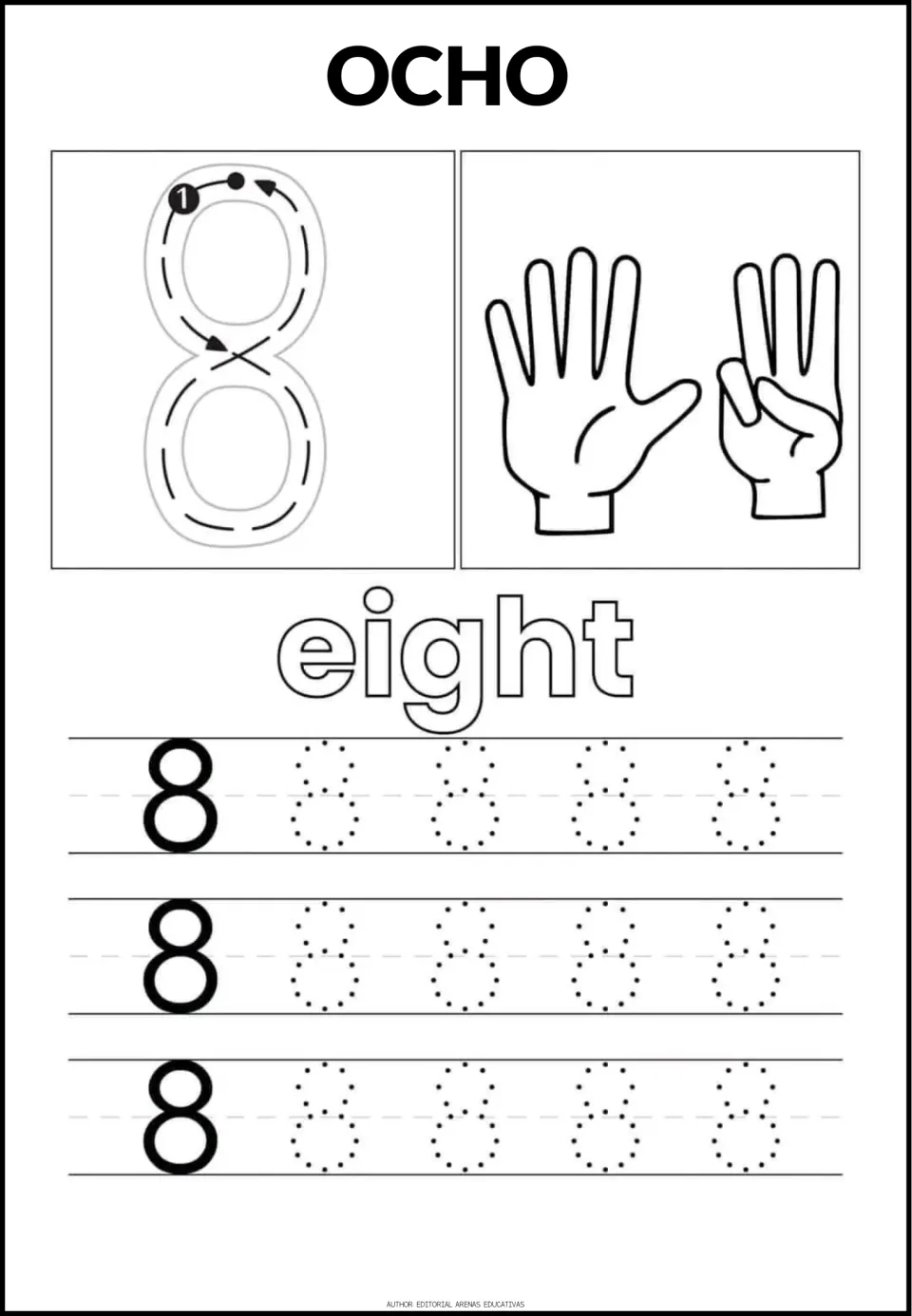 Number 8 tracing sheet: OCHO (eight), the word 'eight,' a stroke guide, finger illustrations, and dotted numerals