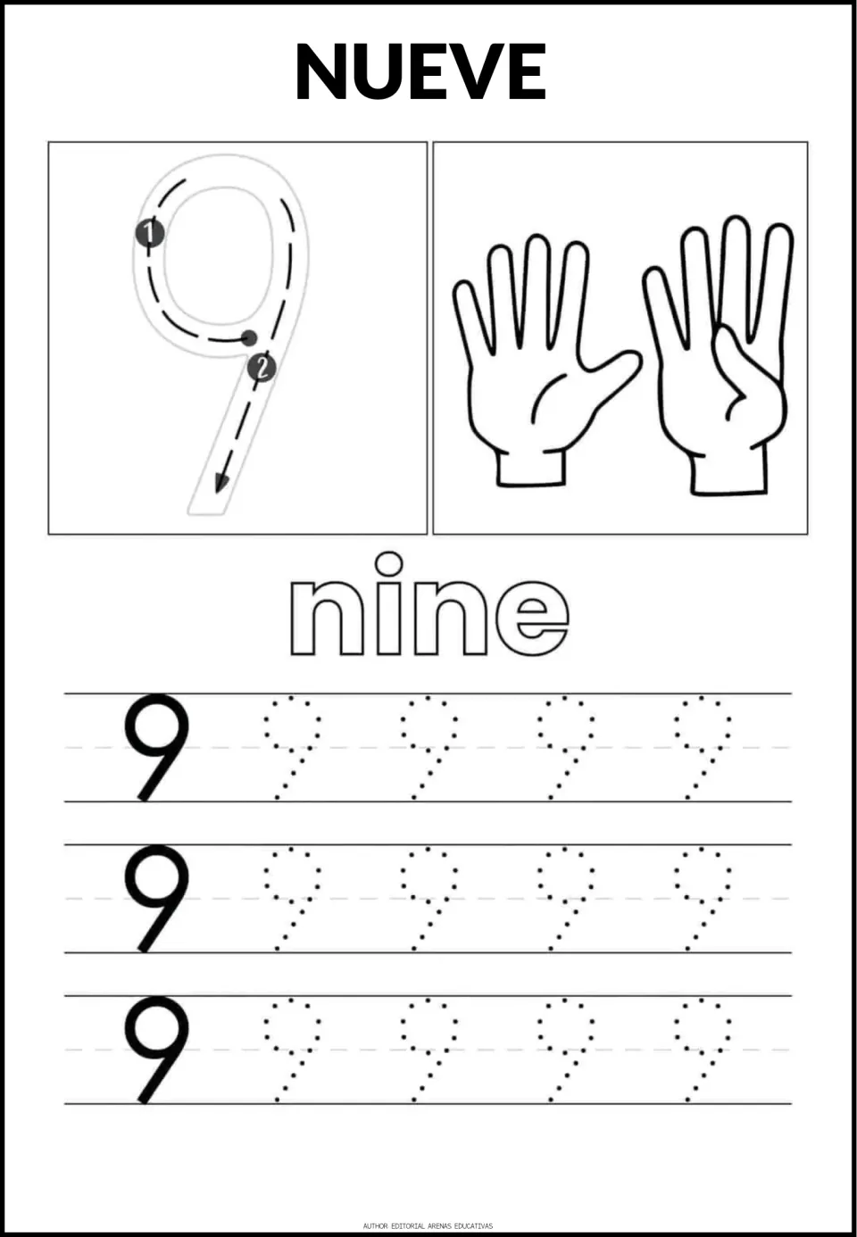 Number 9 tracing sheet: NUEVE (nine), the word 'nine,' a stroke guide, finger illustrations, and dotted numerals