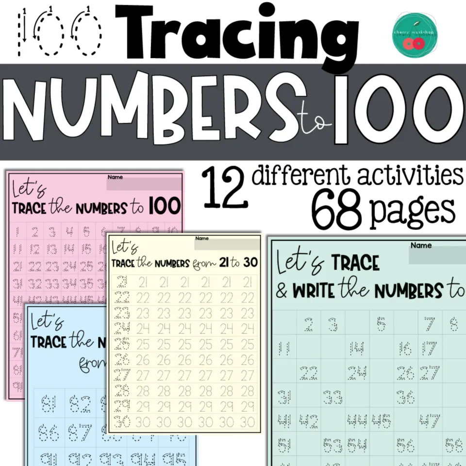Cover of Tracing Numbers to 100 Worksheets, advertising 12 activities and 68 pages with tracing samples