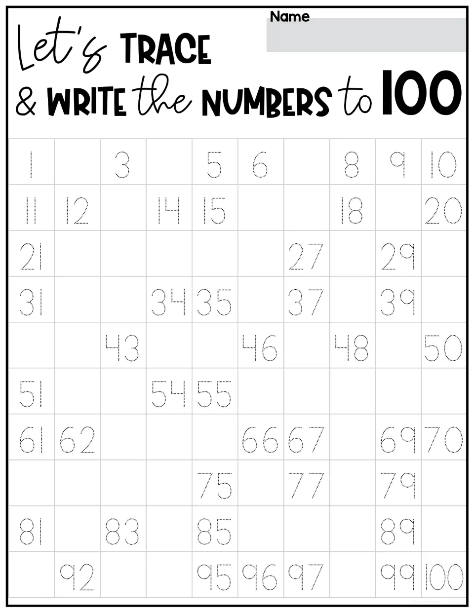 Trace-and-write practice for numbers 1–100 without arrows; students fill in missing numbers including 2, 4 and 7