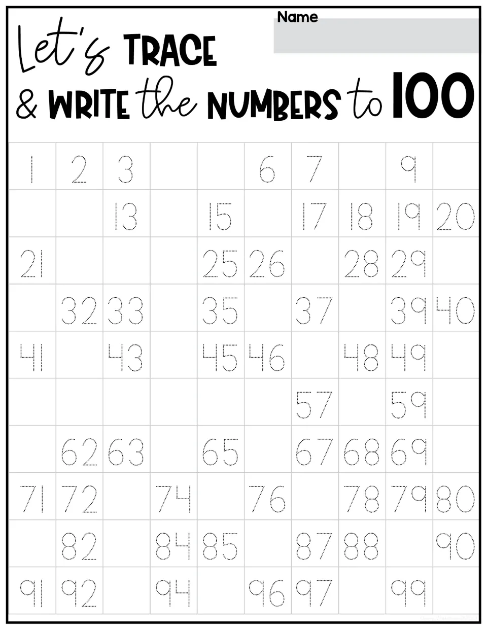 Trace-and-write practice for numbers 1–100 without arrows; students fill in missing numbers including 4, 5 and 8