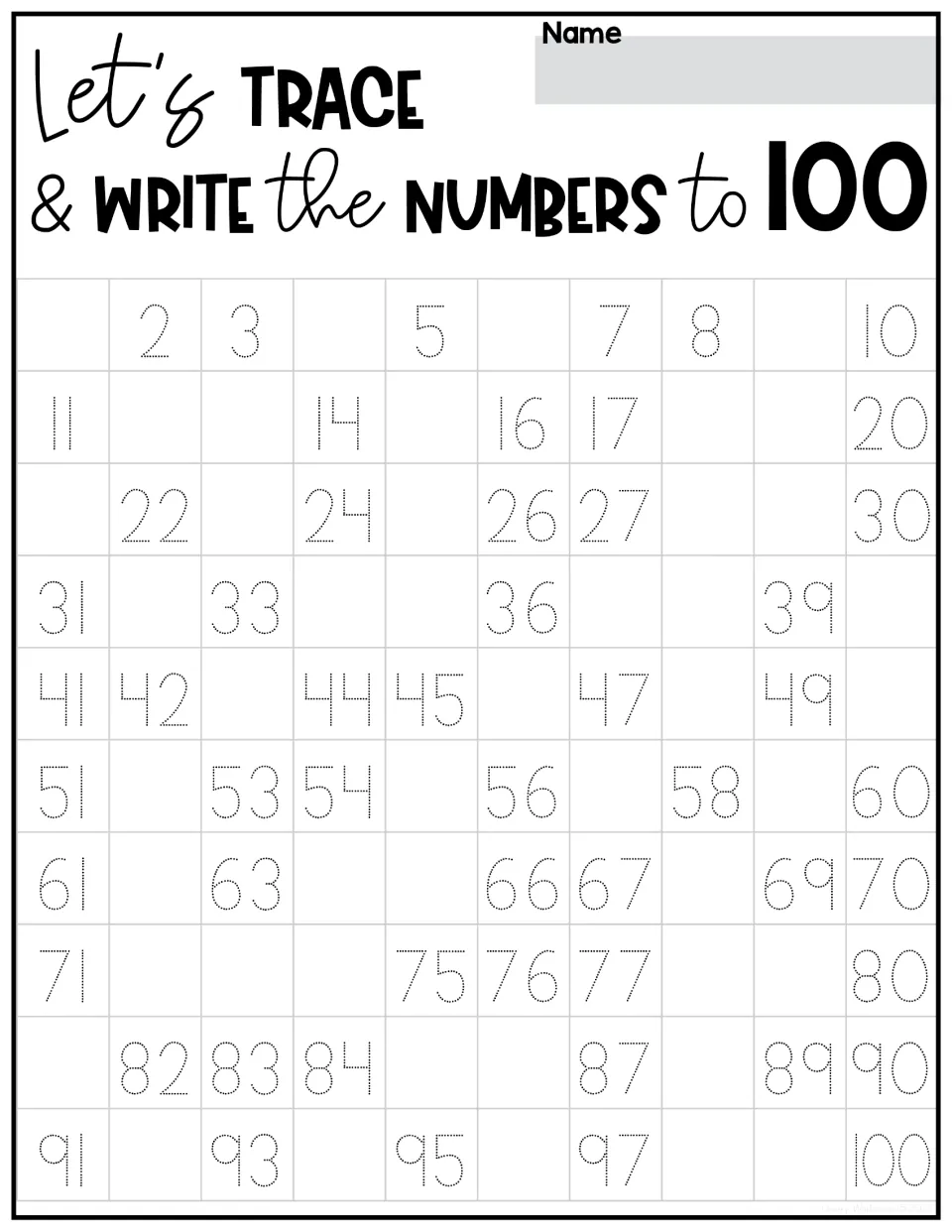 Trace-and-write practice for numbers 1–100 without arrows; students fill in missing numbers including 1, 4 and 6