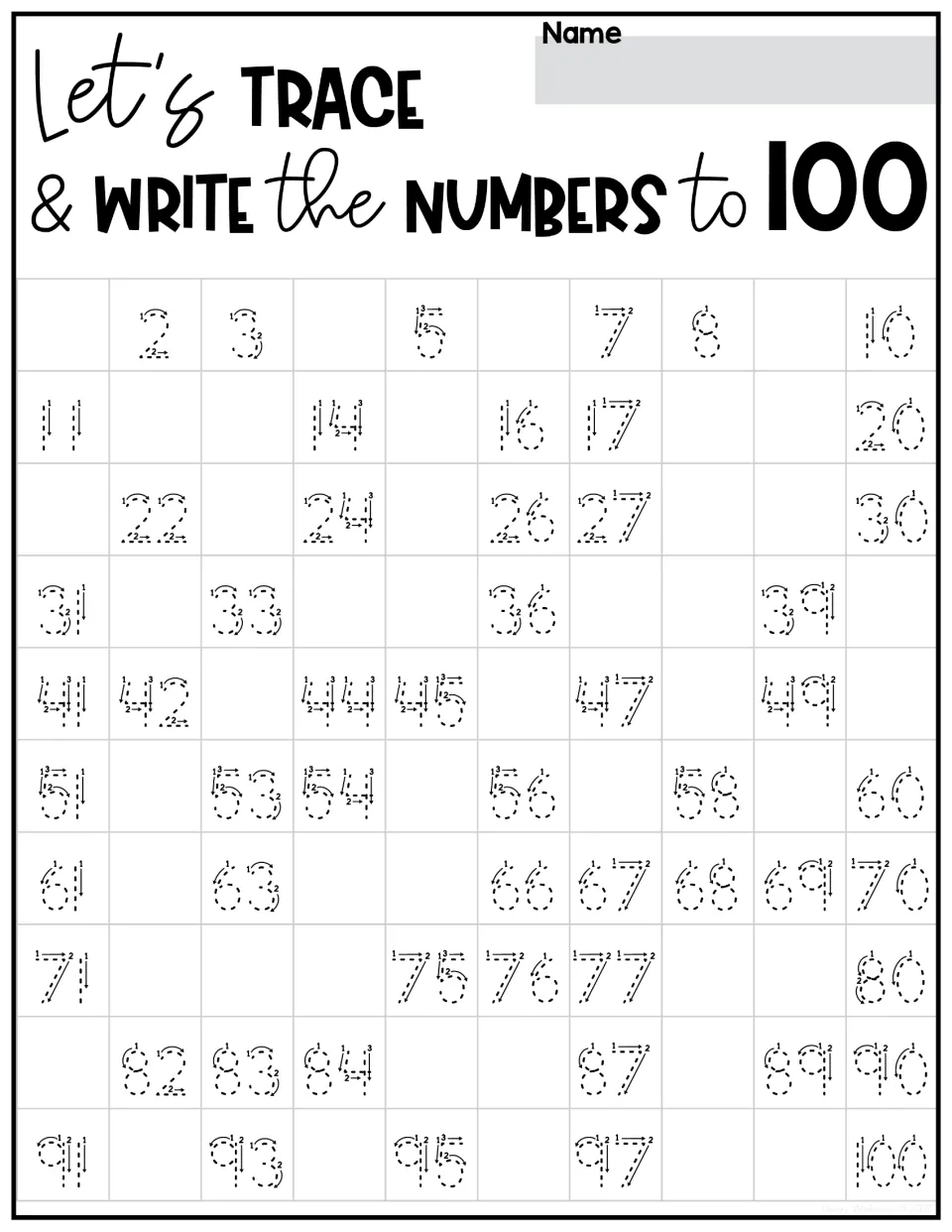 Trace-and-write practice for numbers 1–100 with arrows; students fill in missing numbers including 1, 4 and 6