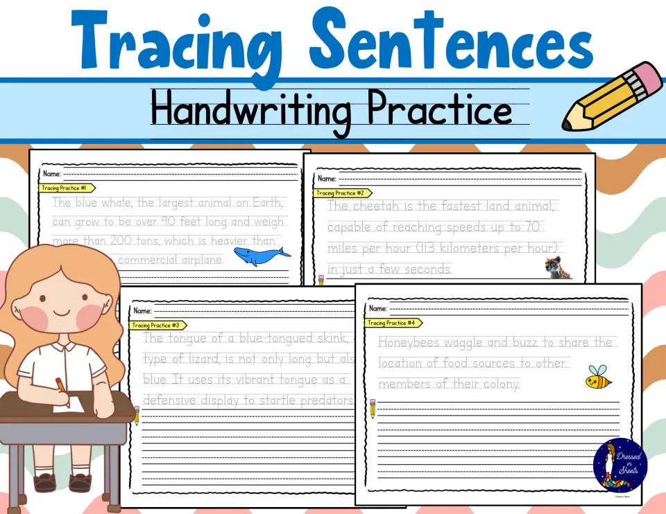Tracing Sentences Handwriting Practice cover previewing dotted fact sentences on a blue whale, cheetah, skink and bees