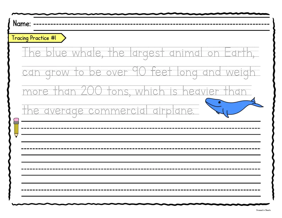 Blue whale fact: students trace a dotted sentence about its 90-foot length and 200-ton weight, then rewrite it below