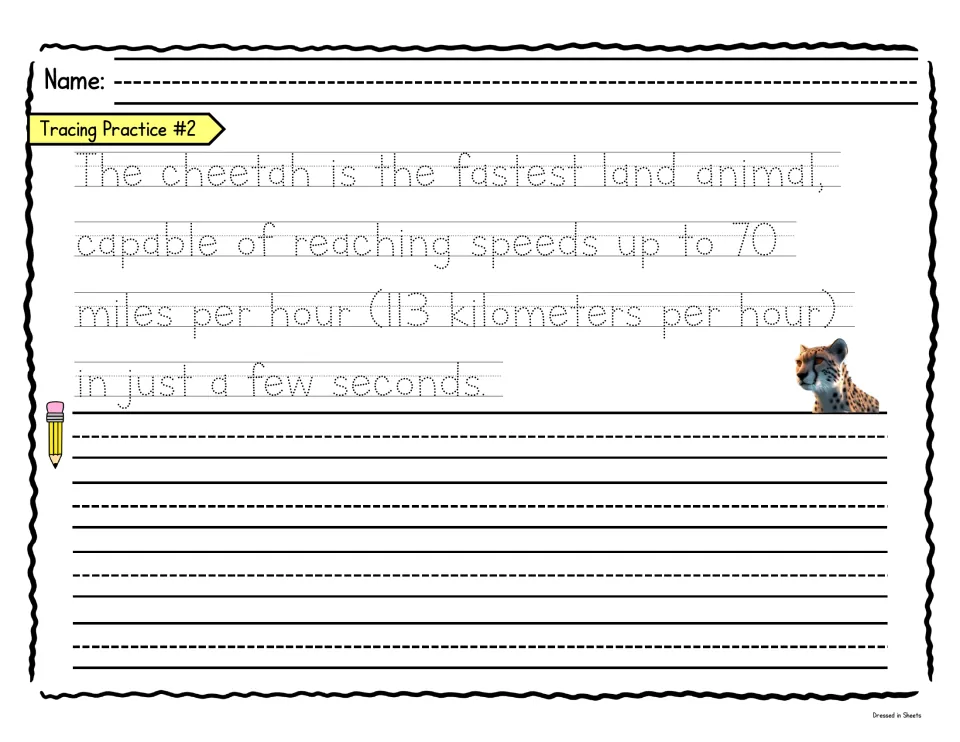 Cheetah speed fact: students trace a dotted sentence about reaching 70 miles per hour, then copy it by hand