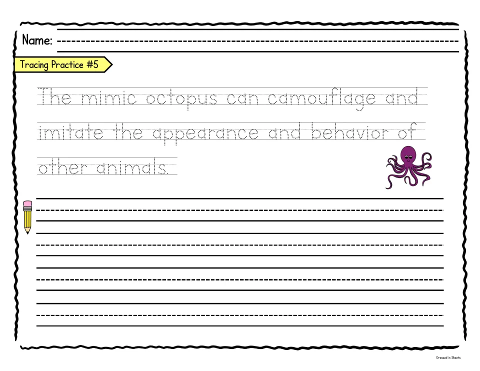Mimic octopus fact: students trace a dotted sentence about how it imitates other animals, then write it on their own