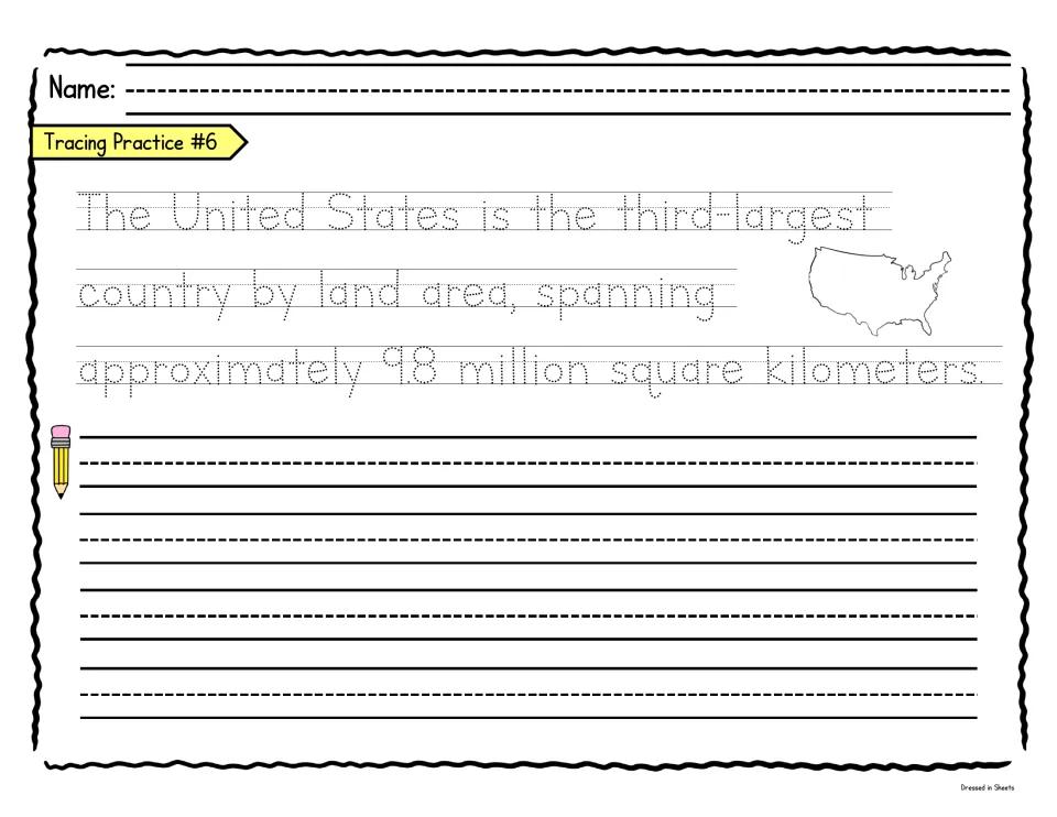United States size fact: students trace a dotted sentence about it being the third-largest country, then copy it out