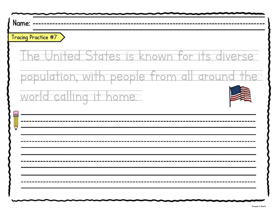 U.S. population fact: students trace a dotted sentence about its diverse people from around the world, then copy it