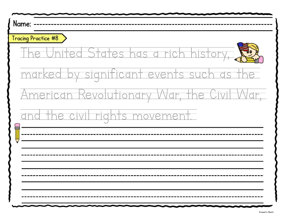 U.S. history fact: students trace a dotted sentence naming the Revolutionary War, Civil War and civil rights movement