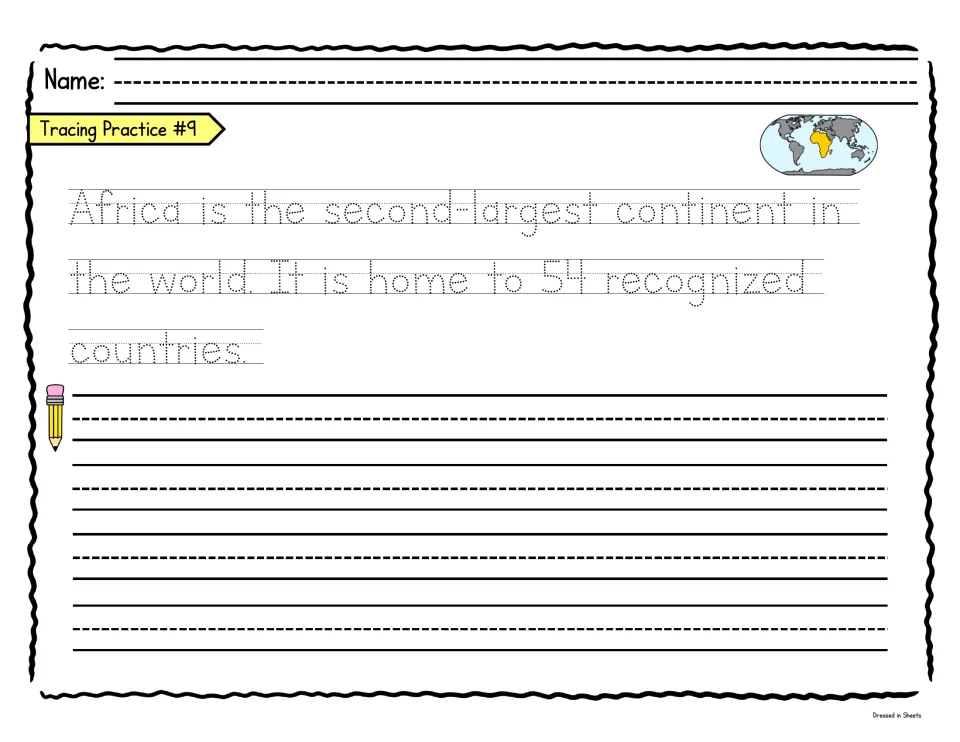 Africa fact: students trace a dotted sentence about the second-largest continent and its 54 countries, then rewrite it