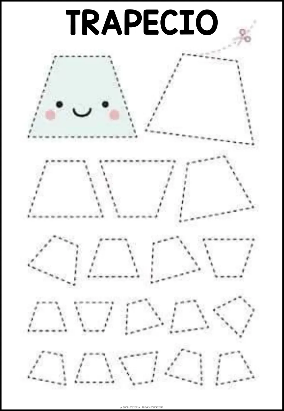 Spanish shape-tracing worksheet titled 'TRAPECIO' (trapezoid), featuring trapezoids in different sizes