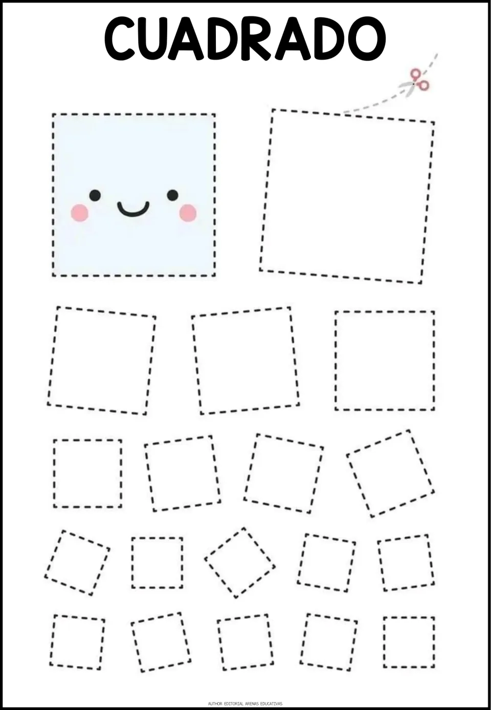 Spanish shape-tracing worksheet titled 'CUADRADO' (square), featuring squares in varied sizes and rotations