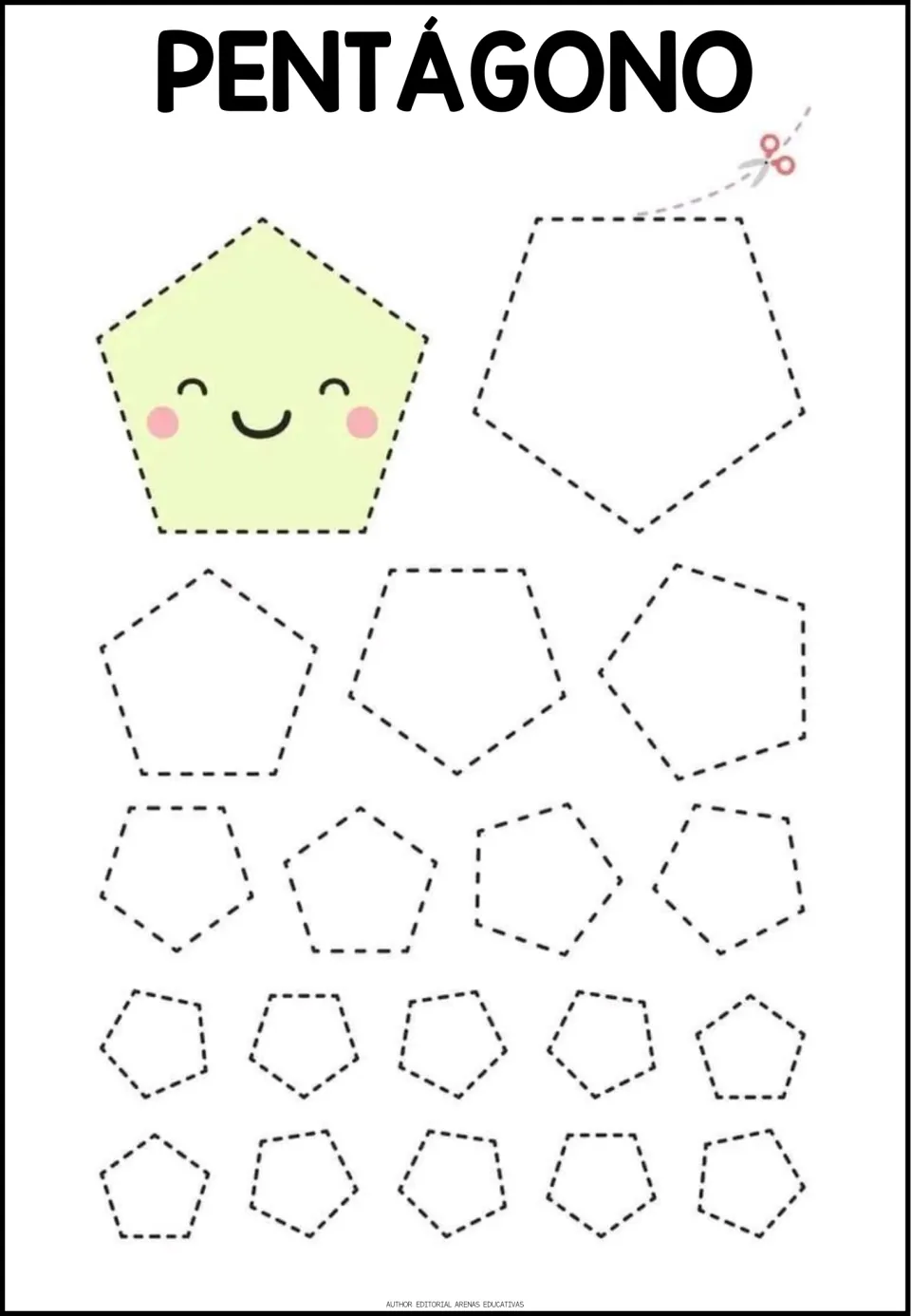 Spanish shape-tracing worksheet titled 'PENTÁGONO' (pentagon), featuring pentagons in different sizes